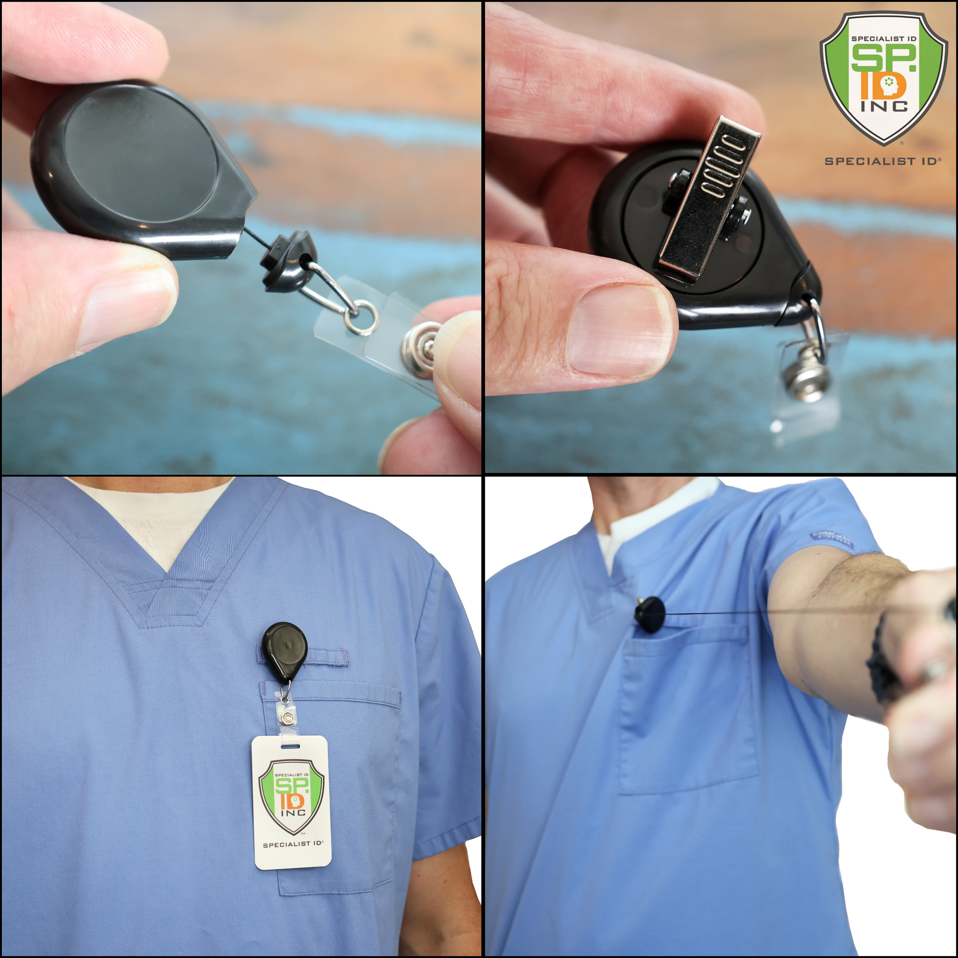 The Premium No Twist Badge Reel with Swivel Spring Clip - Teardrop Shape (609-I-BLK) is clipped to a shirt, securely holding an ID card. Close-ups highlight the swivel spring clip and retractable cord for smooth, sturdy use.
