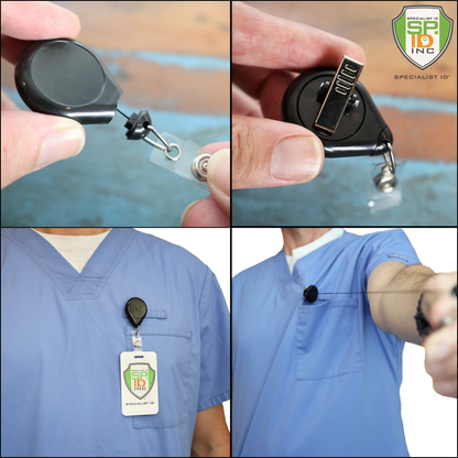 The Premium No Twist Badge Reel with Swivel Spring Clip - Teardrop Shape (609-I-BLK) is clipped to a shirt, securely holding an ID card. Close-ups highlight the swivel spring clip and retractable cord for smooth, sturdy use.