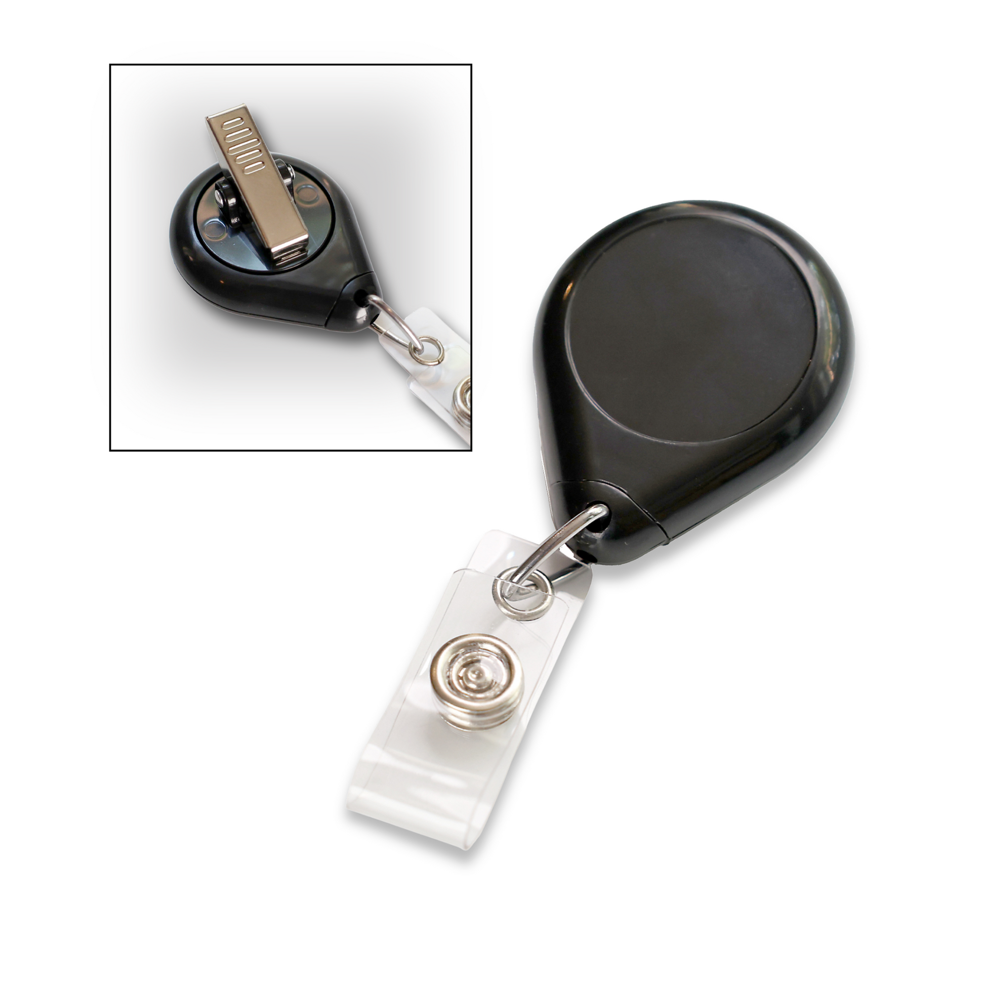 The Premium No Twist Badge Reel with Swivel Spring Clip - Teardrop Shape (609-I-BLK) is black, features a clear plastic strap and metal swivel spring clip for secure, no-twist attachment. Inset displays the back side with detailed clip view.