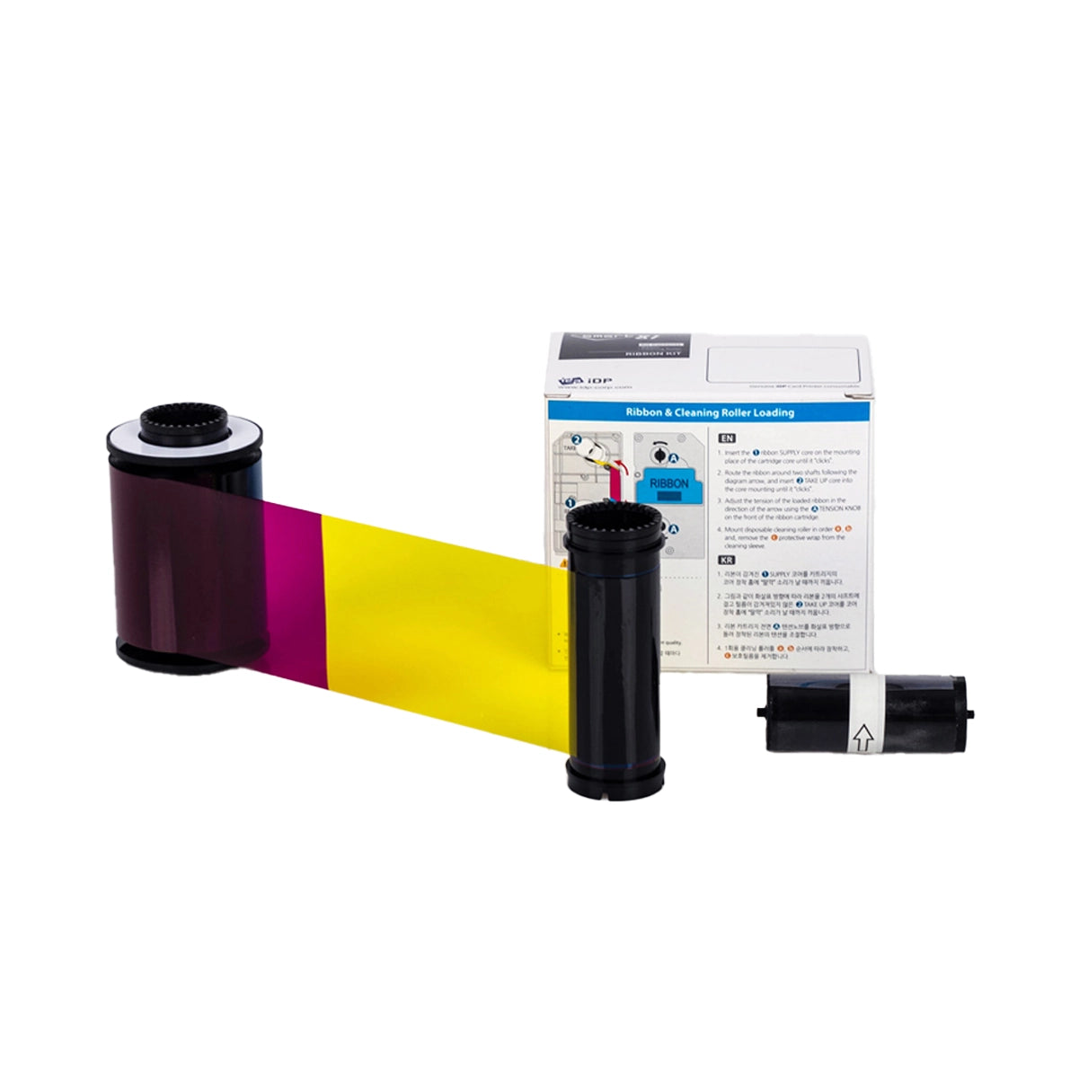 Color ribbon cartridge and cleaning roller displayed in front of an instruction box. The IDP 659896 YMCK Color Ribbon for Smart-81 ID Card Printer (500 Prints) shows sections of black, yellow, and magenta, perfect for use with your Smart-81 ID card printer.