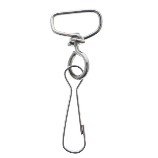 A silver, metal Premium Swivel J Clip Clasp with Wide, Smooth Rounded 3/4 Inch D Ring - DIY Lanyard and Craft Accessories (6905-M-289) features a looped design and a sturdy metal swivel clip on one end.