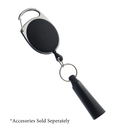 Rubber Pen Holder With Small Key Ring (6920-2111): A black retractable badge holder with a clip, includes a pen holder and detachable small key ring. *Accessories sold separately.