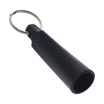 The Rubber Pen Holder With Small Key Ring (6920-2111) is a black plastic pen holder accessory, shown on a white background, perfect for everyday use and easy to carry thanks to the attached small key ring.