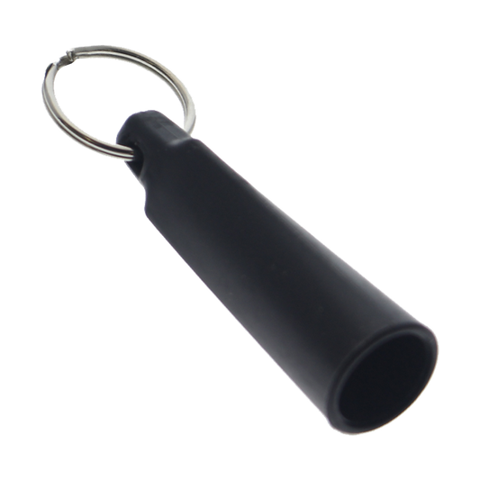 The Rubber Pen Holder With Small Key Ring (6920-2111) is a black plastic pen holder accessory, shown on a white background, perfect for everyday use and easy to carry thanks to the attached small key ring.