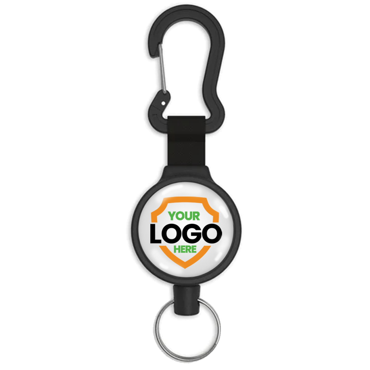 A Customizable Key-Bak 6C Carabiner Badge Reel - Retractable Keychain Reel with 36" Cord and Easy Logo Upload with a carabiner clip at the top and a key ring at the bottom. The central circular area displays a custom logo placeholder with the text "YOUR LOGO HERE." Perfect for promoting brand awareness, this retractable holder is both functional and personalized.