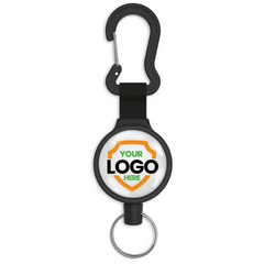 A Customizable Key-Bak 6C Carabiner Badge Reel - Retractable Keychain Reel with 36" Cord and Easy Logo Upload with a carabiner clip at the top and a key ring at the bottom. The central circular area displays a custom logo placeholder with the text "YOUR LOGO HERE." Perfect for promoting brand awareness, this retractable holder is both functional and personalized.