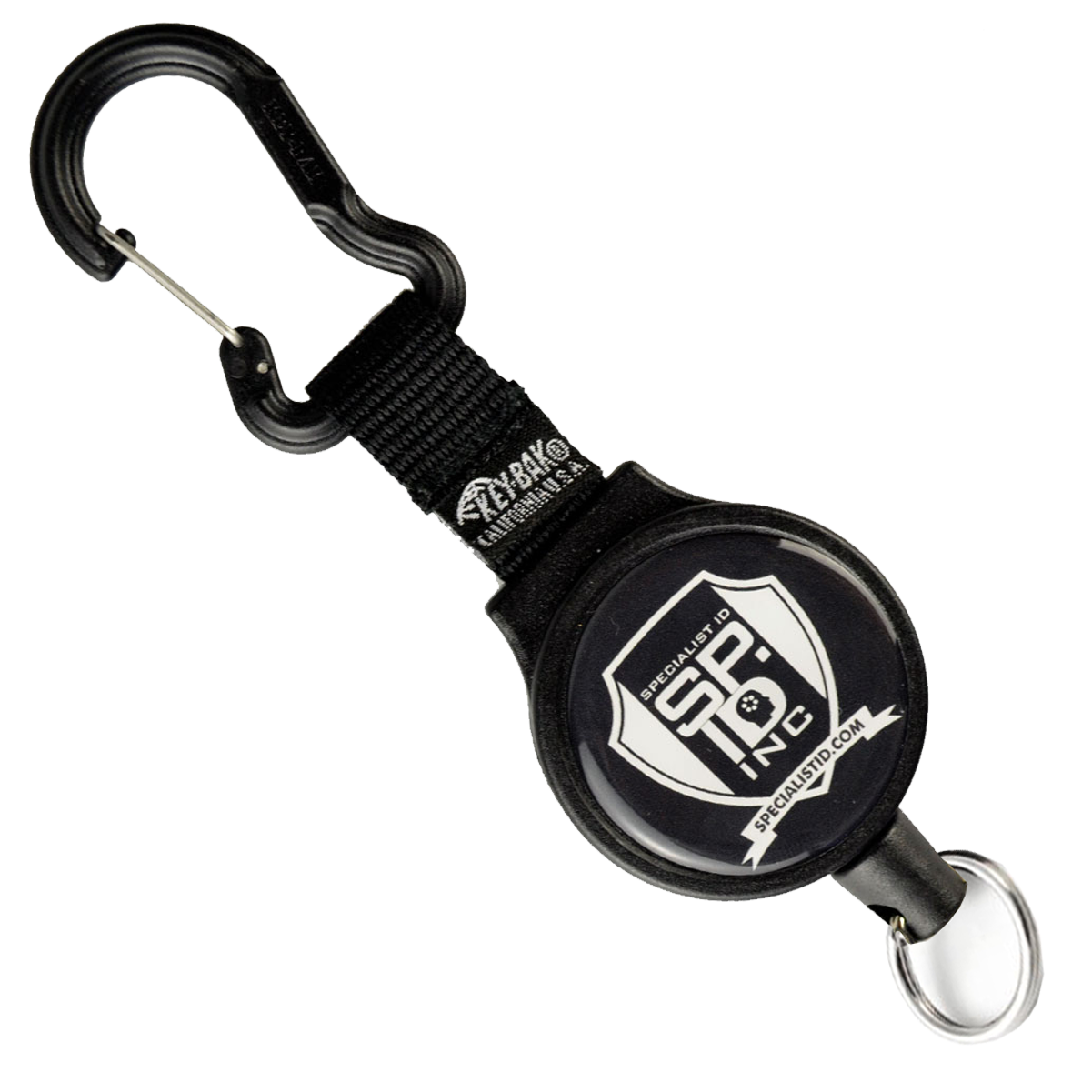 Customizable Key-Bak 6C Carabiner Badge Reel - Retractable Keychain Reel with 36" Cord and Easy Logo Upload with carabiner clip and round emblem displaying the text "SF INC" and "SPECIALIZED" logo. Personalized badge reels made from black fabric and plastic components are perfect to promote brand awareness.