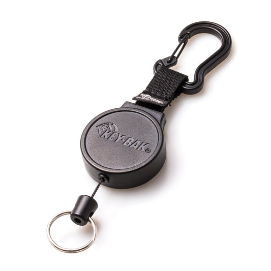 A retractable reel key holder with a keyring and carabiner clip, branded with "Key-Bak Mid Size Carabiner Badge Reel with Key Ring (6C).
