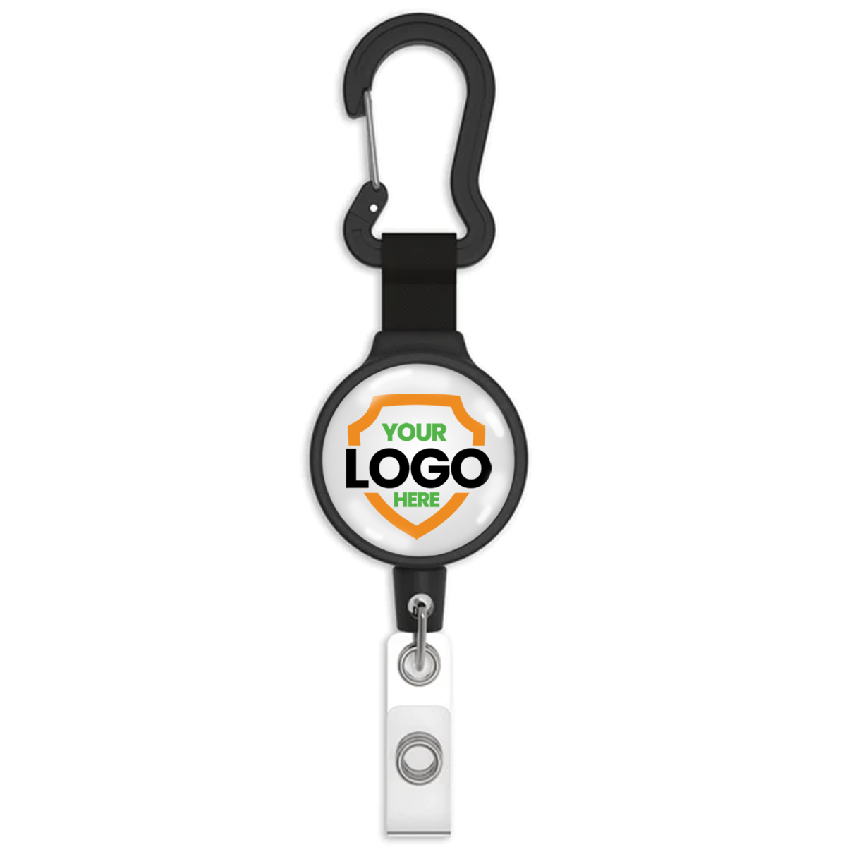A Customizable Carabiner Badge Reel Retractable Badge Holder with Vinyl Strap Clip (6CID) - Add Your Logo, featuring a logo area labeled "YOUR LOGO HERE." The customizable Key-Bak holder has a carabiner-style attachment.
