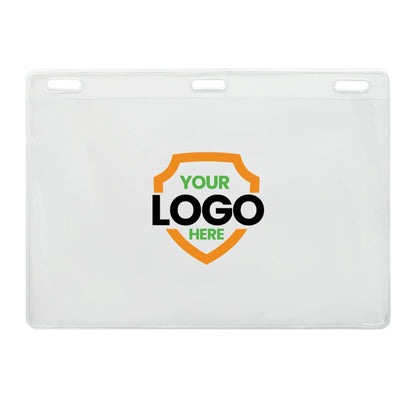 Clear plastic badge holder with three slots at the top displays a placeholder logo with a shield design and the text "YOUR LOGO HERE" in the center, offering a customizable badge holder to enhance brand visibility. Custom Clear 6x4 Vinyl Horizontal Large Event Badge Holders - Personalize by Adding Your Logo