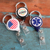 Custom Printed No Twist Carabiner Badge Reel with example flag, medical and add your logo here designed logos