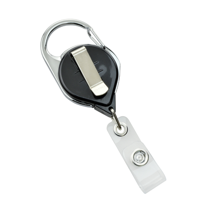 The No Twist Badge Reel with Carabiner and Belt Clip (704-CLP) features a sleek black plastic casing, a convenient white clip attachment, and a durable metal carabiner for added convenience.