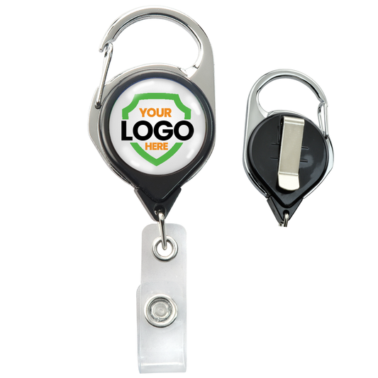Two "Custom Printed No Twist Carabiner Badge Reel With Belt Clip - Upload Your Logo" badge holders with a personalized logo space in the center; one shows the front side with a carabiner clip, the other shows the back with a belt clip. These custom badge reels are perfect to promote brand awareness.