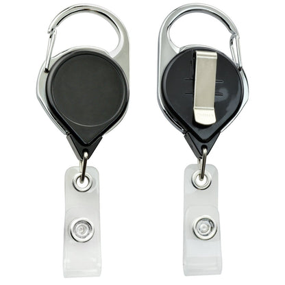 Two No Twist Badge Reels with Carabiner And Belt Clip (704-CLP) in a sleek black and silver design. Each features twist-free functionality, carabiner clips, and belt clips. The badge holder loops are made of durable plastic with convenient button snaps.