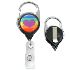 Two views of a retractable badge reel with a metal clip; the front shows a rainbow heart design, and the back features a belt clip. These Custom Printed No Twist Carabiner Badge Reels With Belt Clip - Upload Your Logo are perfect to promote brand awareness while adding a splash of color to your daily essentials.