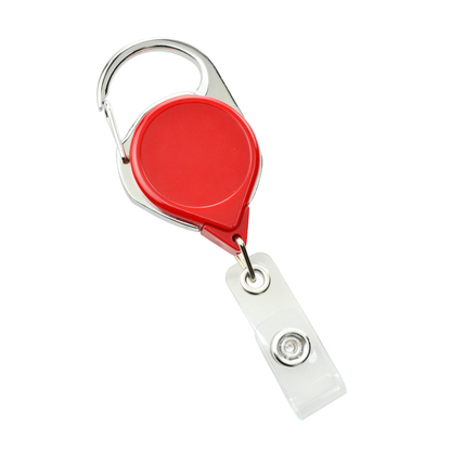 Introducing the No Twist Badge Reel with Carabiner And Belt Clip (704-CLP) in vibrant red, featuring a durable metal carabiner and a clear plastic strap attachment.