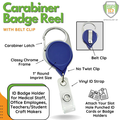 Introducing the No Twist Badge Reel with Carabiner and Belt Clip (704-CLP) that boasts a latch, chrome frame, and a 1" round imprint size. Ideal for medical staff, office employees, and other badge holders.