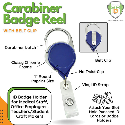 Introducing the No Twist Badge Reel with Carabiner and Belt Clip (704-CLP) that boasts a latch, chrome frame, and a 1" round imprint size. Ideal for medical staff, office employees, and other badge holders.