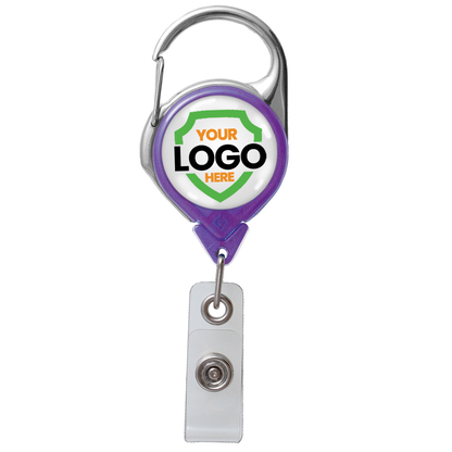 Translucent Custom Carabiner Badge Reel With No Twist Strap Clip (704-TR) with a circular body featuring purple accents, a customizable area for a full-color logo, and an attached strap clip at the end.