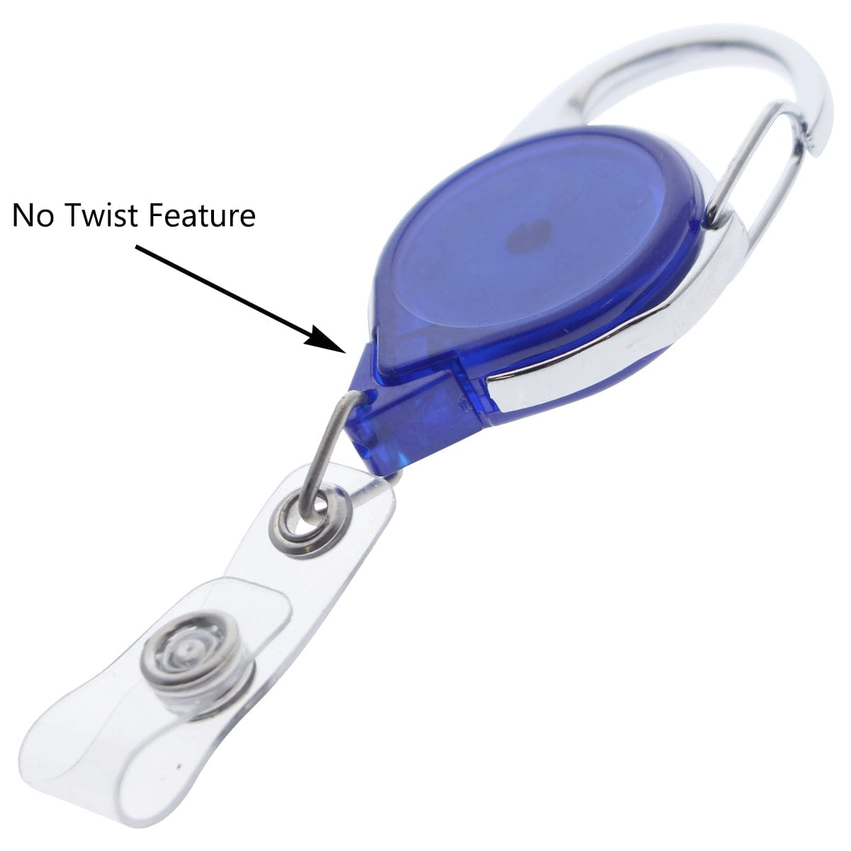 A close-up image of a blue translucent Translucent Custom Carabiner Badge Reel With No Twist Strap Clip (704-TR) with a silver clip and a clear plastic hook. An arrow points to the top part of the reel with text "No Twist Feature." Customize it to include your full-color logo for added branding.