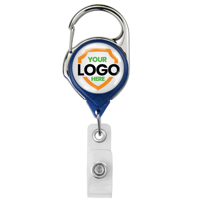 A Translucent Custom Carabiner Badge Reel With No Twist Strap Clip (704-TR), featuring a customizable logo space on the front and a translucent carabiner badge reel at the top. Sold by Specialist ID.