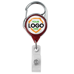 A Translucent Custom Carabiner Badge Reel With No Twist Strap Clip (704-TR) with a clip and customizable full-color logo space on a white background. Sold by Specialist ID.