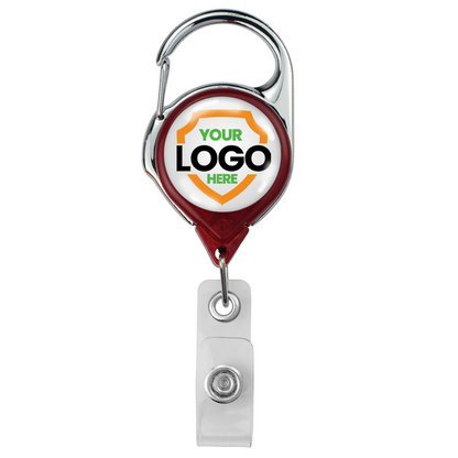 A Translucent Custom Carabiner Badge Reel With No Twist Strap Clip (704-TR) with a clip and customizable full-color logo space on a white background. Sold by Specialist ID.