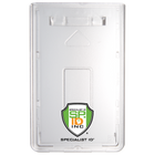 Clear plastic, customizable Custom Top Load Slim Rigid Plastic ID Badge Holder featuring a green and yellow Specialist ID Inc. logo printed at the bottom center, perfect for enhancing brand recognition at any corporate event.