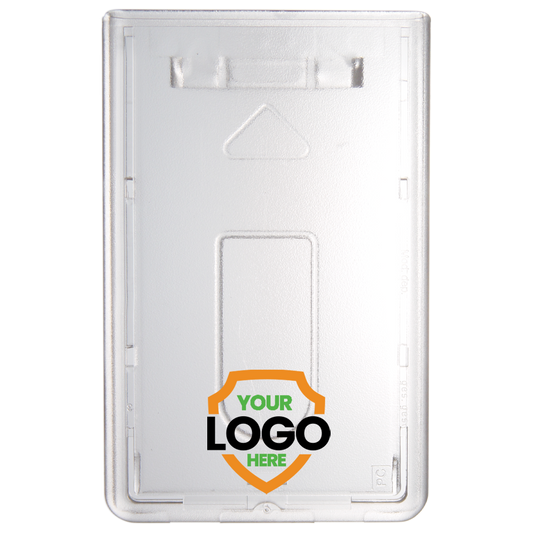 Clear plastic card holder with space for a logo, ideal for brand recognition at corporate events. The Custom Top Load Slim Rigid Plastic ID Badge Holder prominently features an area labeled "Your Logo Here".