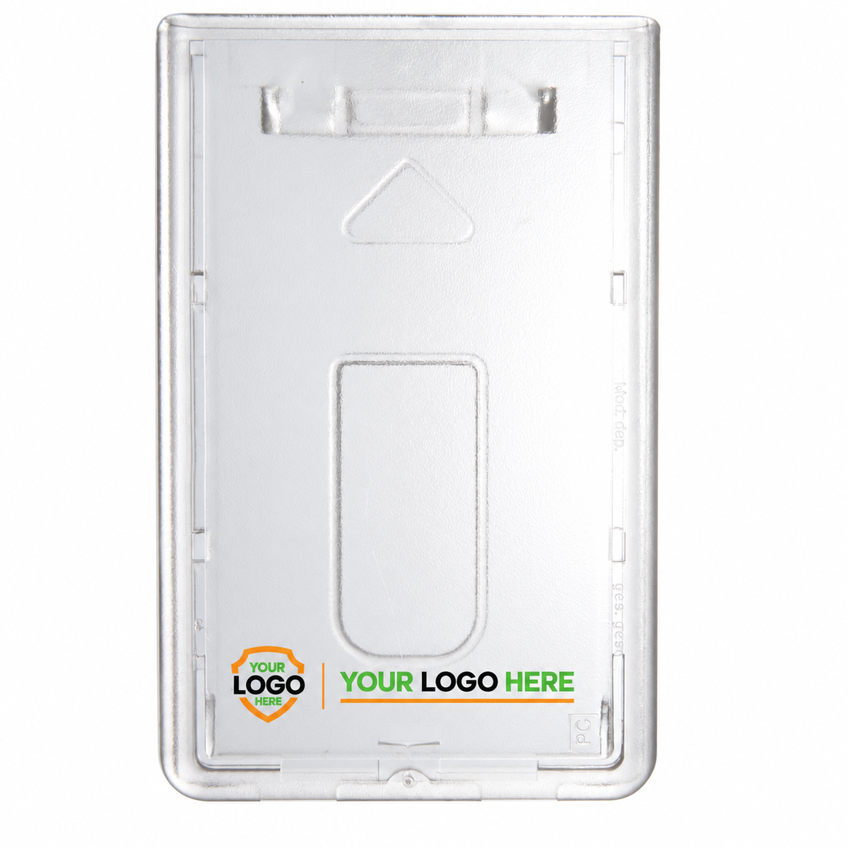 706-N badge holder with a small shield and horizontal Your Logo Here branding along the bottom.