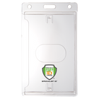 A clear plastic badge holder featuring a logo with "SP ID INC" on the front and the text "SPECIALIST ID" printed below the logo, this Custom Crystal Clear Vertical Card Holder - Personalize with Your Logo offers a touch of uniqueness while keeping your badge visible.