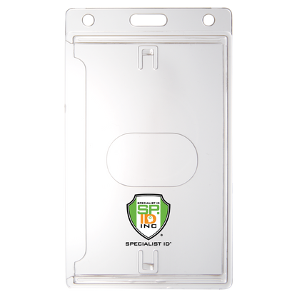 A clear plastic badge holder featuring a logo with "SP ID INC" on the front and the text "SPECIALIST ID" printed below the logo, this Custom Crystal Clear Vertical Card Holder - Personalize with Your Logo offers a touch of uniqueness while keeping your badge visible.