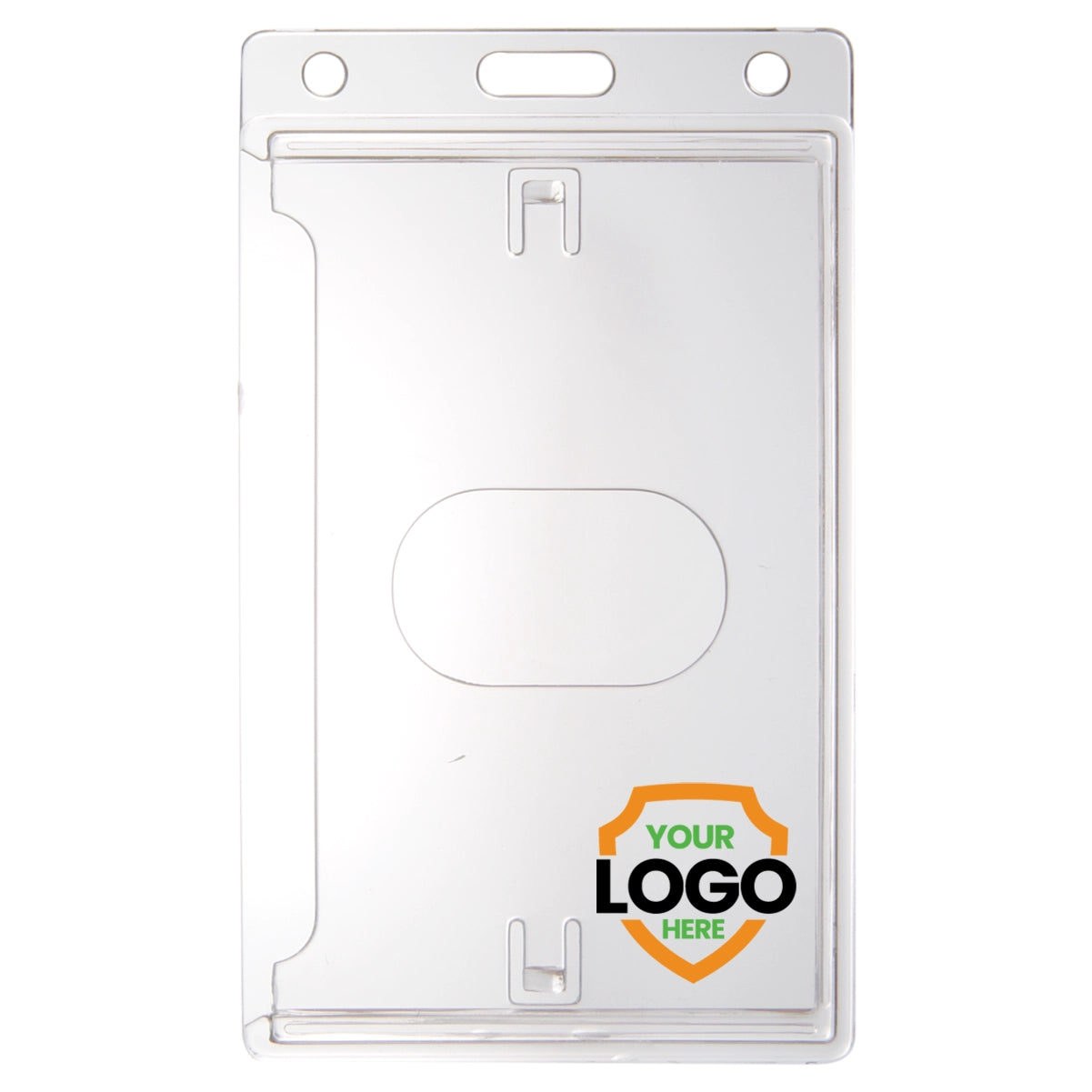 Custom Vertical Badge Holder - Crystal Clear Hard Plastic side load easy access - add your logo to personalize