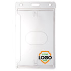 A transparent accessory with an empty slot for an ID badge, the Custom Crystal Clear Vertical Card Holder - Personalize with Your Logo features a designated logo area labeled "Your Logo Here" within an orange shield graphic in the bottom right corner.