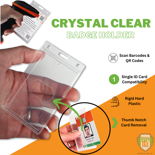 Close-up of a hand holding a Vertical Crystal Clear Card Holder (P/N 726-CSN) - Side Load with Thumb Notch Removal with a retractable reel above. Text states "CRYSTAL CLEAR BADGE HOLDER" and features include barcode scanning, rigid plastic, and easy card removal for your credit card-sized ID badge.