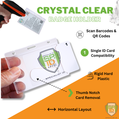 The Horizontal Economy Crystal Clear Card Dispenser (P/N 726-CT1) is a rigid hard plastic, side-load ID badge protector with a thumb notch for easy removal, supporting horizontal layout and visible barcodes/QR codes.