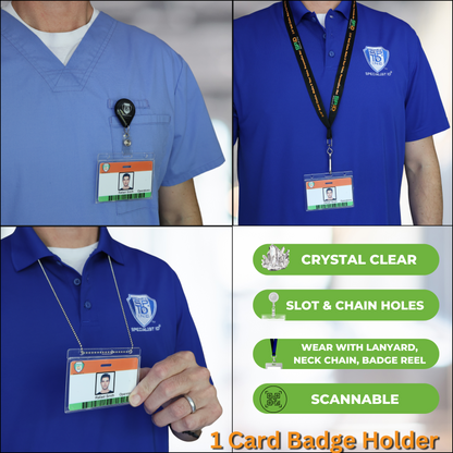 Four images show the Horizontal Economy Crystal Clear Card Dispenser (CR80 size, hard plastic) worn with a badge reel, lanyard, and chain. Features: crystal clear, slot & chain holes, side load with thumb notch. Text: "1 Card Badge Holder.
