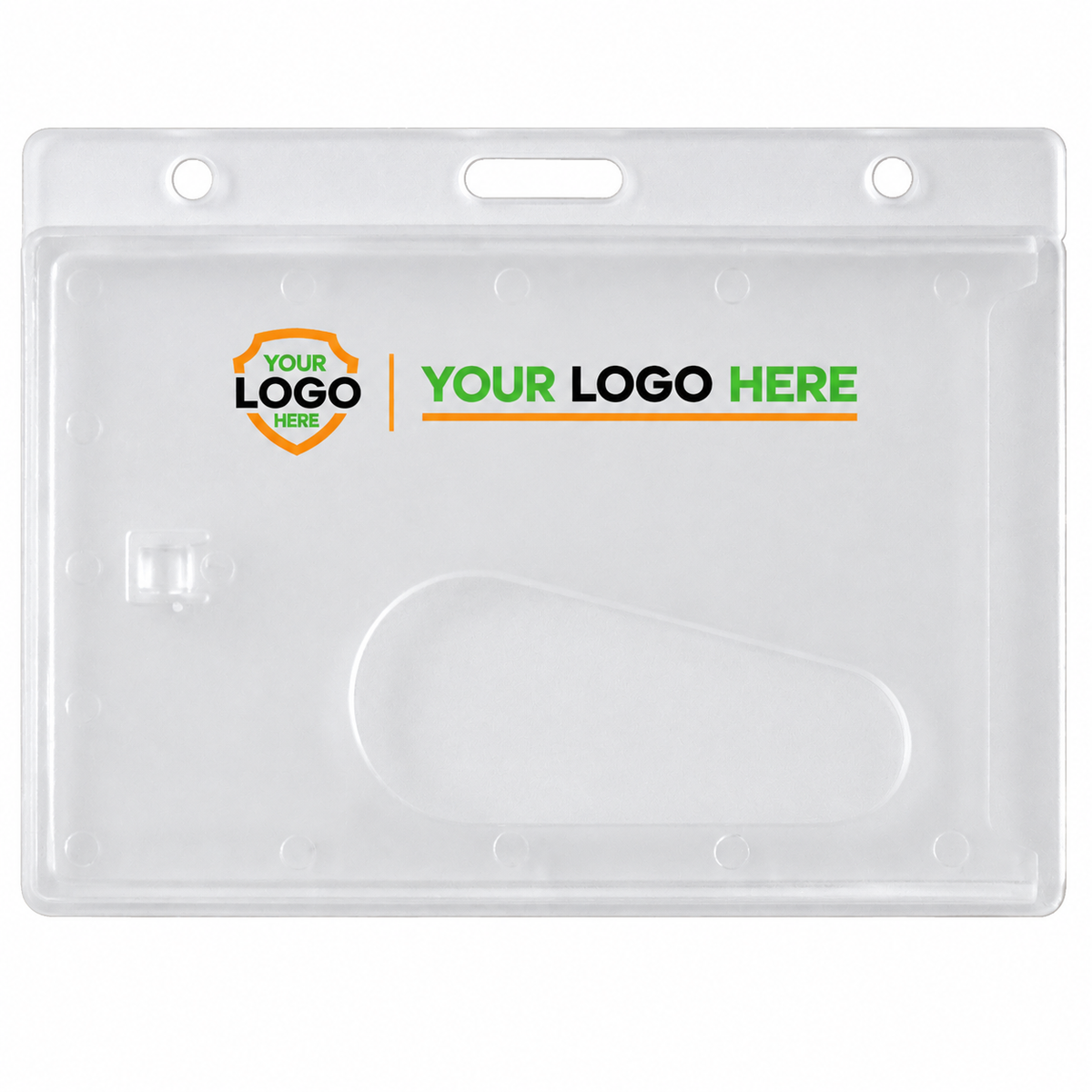 726-CT1 badge holder with a small shield and horizontal Your Logo Here branding across the top.