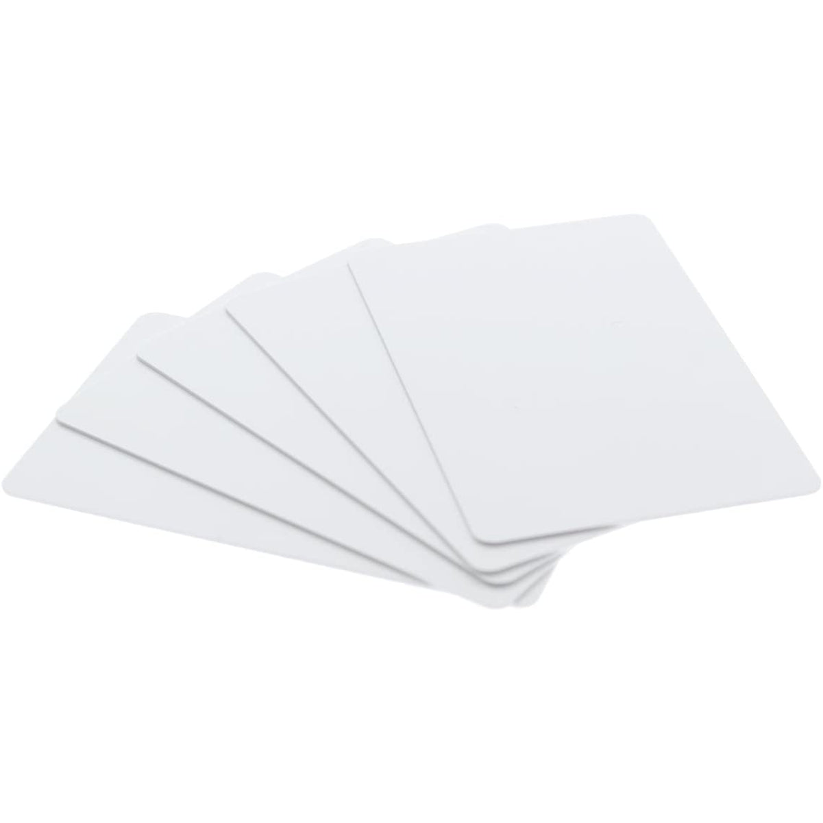 A fanned-out stack of five blank cards from the 500 Pack - Standard CR80 30mil Composite PVC/Poly Cards, ideal for company ID and security systems, is displayed on a white background. Sold by Specialist ID. 