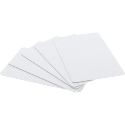 A fanned-out stack of five blank cards from the 500 Pack - Standard CR80 30mil Composite PVC/Poly Cards, ideal for company ID and security systems, is displayed on a white background. Sold by Specialist ID. 