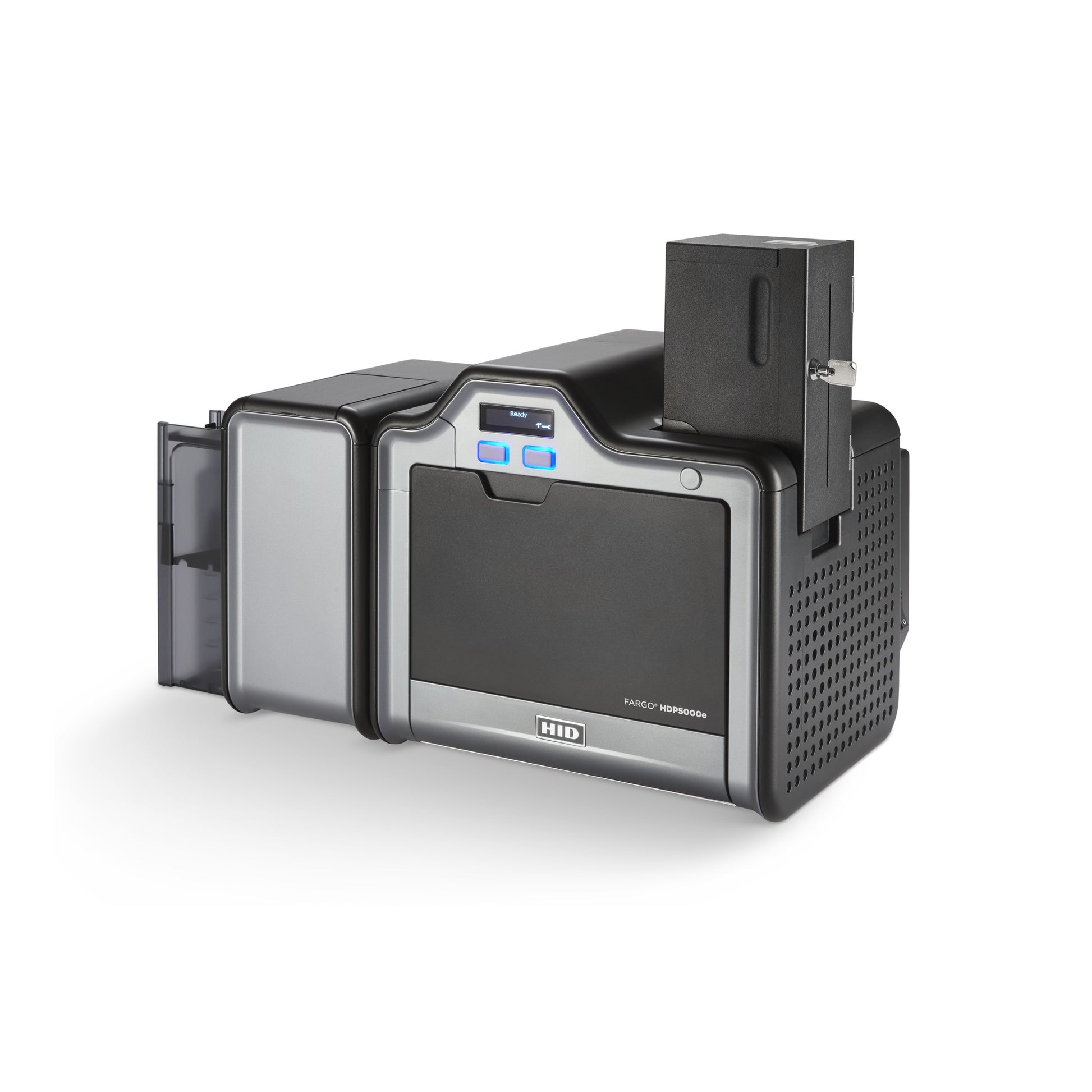 HID FARGO HDP5000e printer shown with the 89223 200-card locking input hopper installed, key included