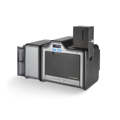 HID FARGO HDP5000e printer shown with the 89223 200-card locking input hopper installed, key included