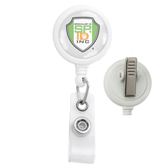 White Max Label badge reel with smooth 1 inch logo face