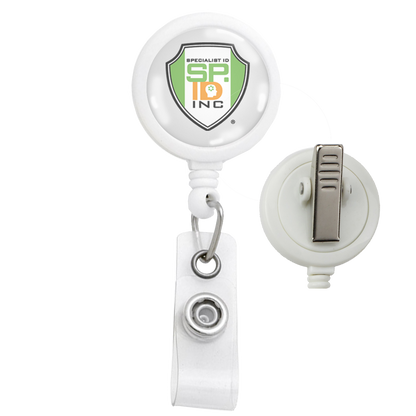 A white Custom Max Label Badge Reel with 1 Inch Smooth Face and Swivel Spring Clip - Personalize with Your Logo, perfect for promoting brand awareness while maintaining a professional image.