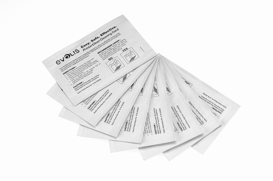 A fan-shaped arrangement of nine adhesive alcohol cleaning cards from Evolis A5002 Pre-Saturated Cleaning Cards - Pack of 50 Cleaning Cards, perfect for maintaining your Evolis card printers, shown on a white background with detailed usage instructions.