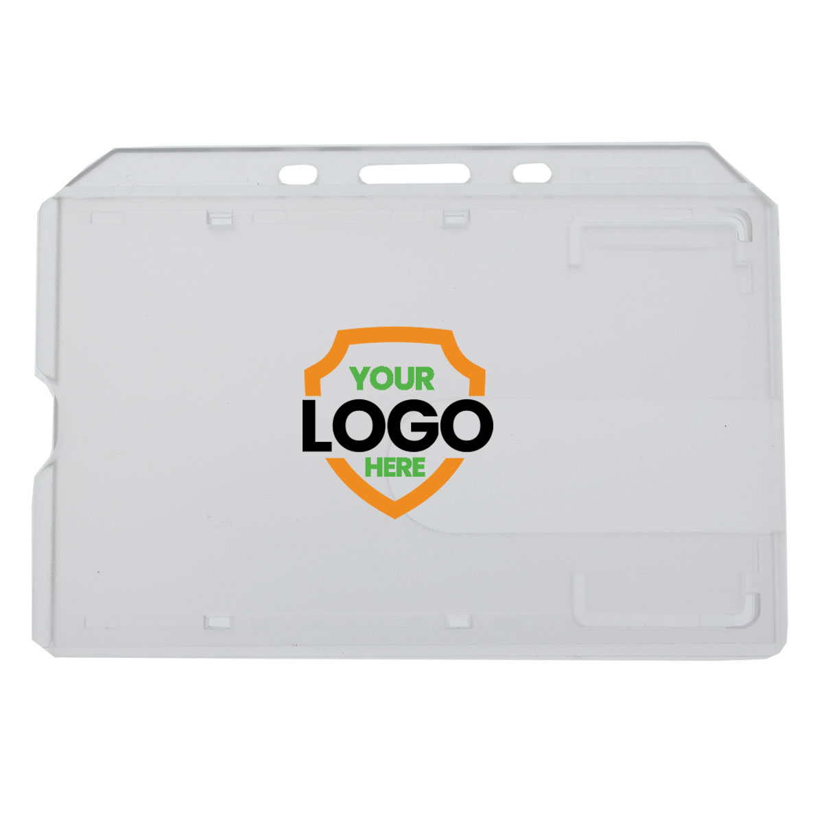 A Customizable Side Load Rigid Clear Horizontal Badge Holder (AC-913) - Add Your Logo with an emblem that reads "YOUR LOGO HERE" in the center, perfect for enhancing brand awareness and maintaining a professional image.