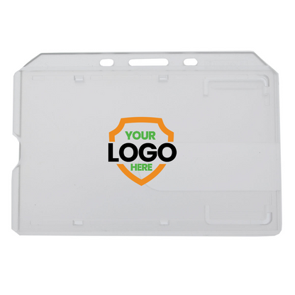 A Customizable Side Load Rigid Clear Horizontal Badge Holder (AC-913) - Add Your Logo with an emblem that reads "YOUR LOGO HERE" in the center, perfect for enhancing brand awareness and maintaining a professional image.