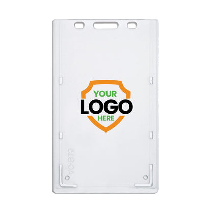 Clear plastic photo ID holder featuring an orange and green shield design with the text "Your Logo Here" prominently displayed in the center. This Clear Custom Top Load Rigid Vertical Badge Holder (AC-915-Custom) - Add Your Logo is perfect for showcasing your full-color logo.