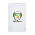 A Clear Custom Top Load Rigid Vertical Badge Holder (AC-915-Custom) - Add Your Logo proudly showcasing the Specialist ID Inc. full-color logo in the center.