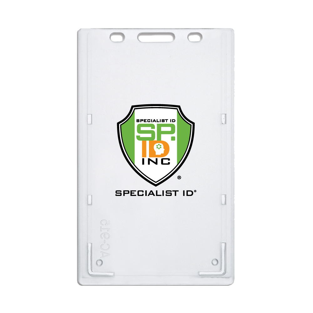 A Clear Custom Top Load Rigid Vertical Badge Holder (AC-915-Custom) - Add Your Logo proudly showcasing the Specialist ID Inc. full-color logo in the center.